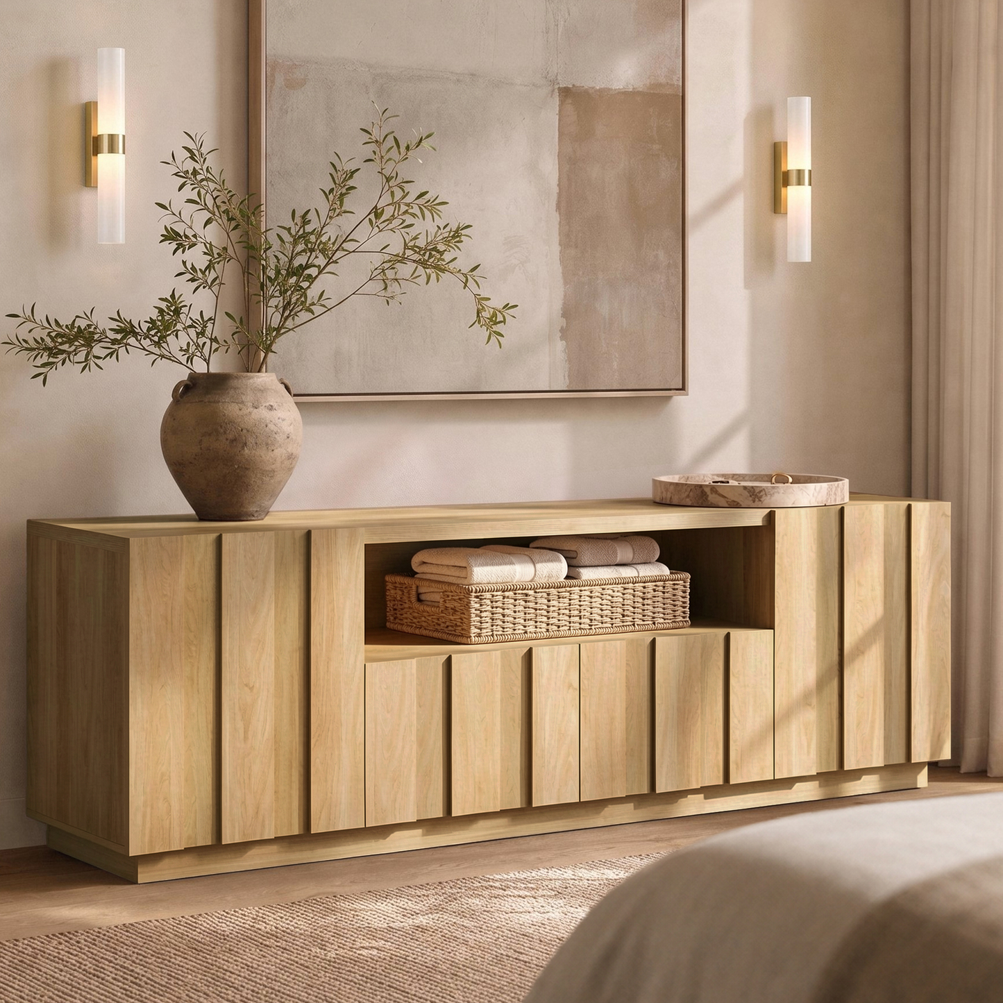 78.7-Inch Fluted TV Stand with Storage for 80-Inch TVs, Natural