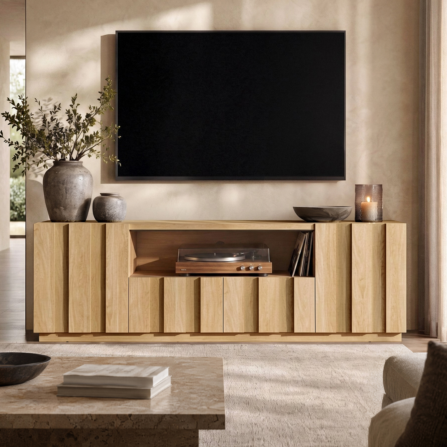 78.7-Inch Fluted TV Stand with Storage for 80-Inch TVs, Natural
