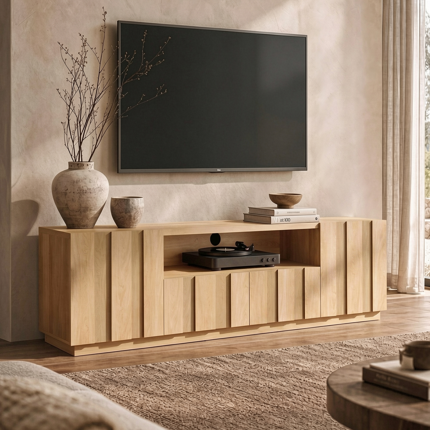 78.7-Inch Fluted TV Stand with Storage for 80-Inch TVs, Natural
