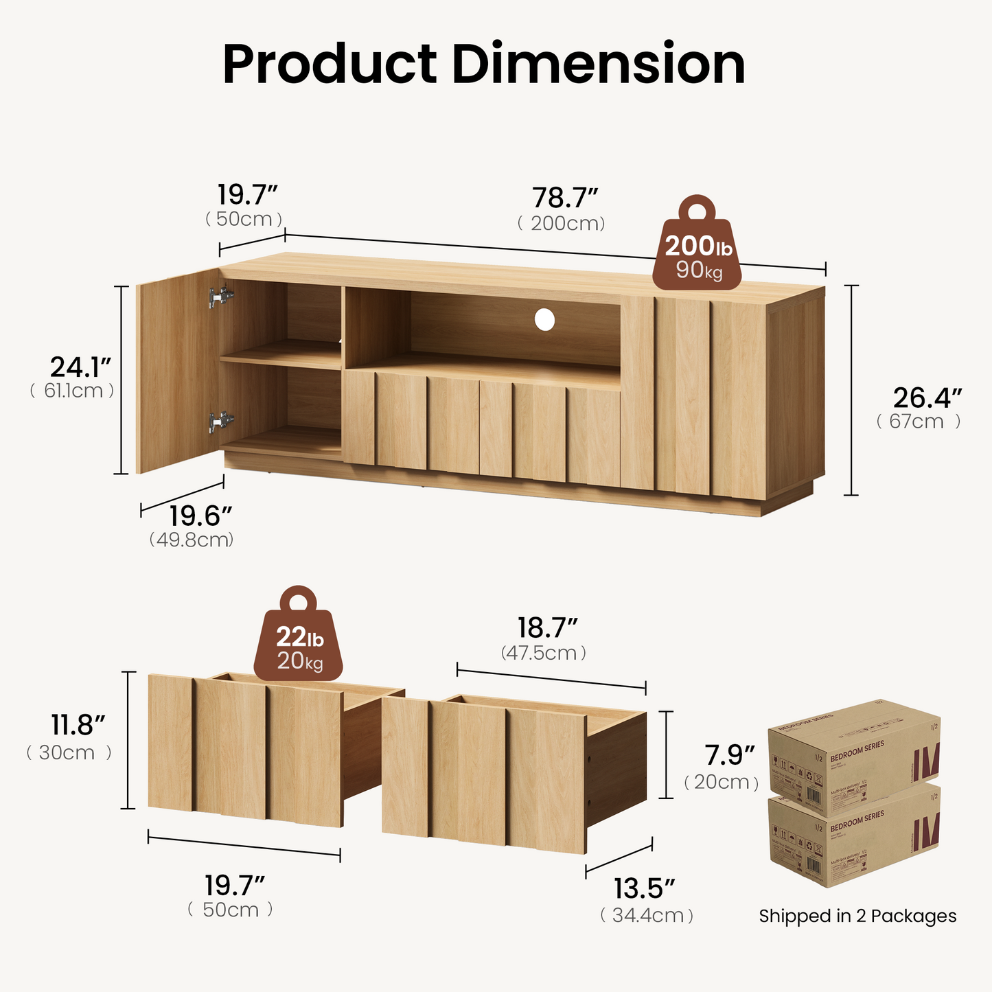 78.7-Inch Fluted TV Stand with Storage for 80-Inch TVs, Natural