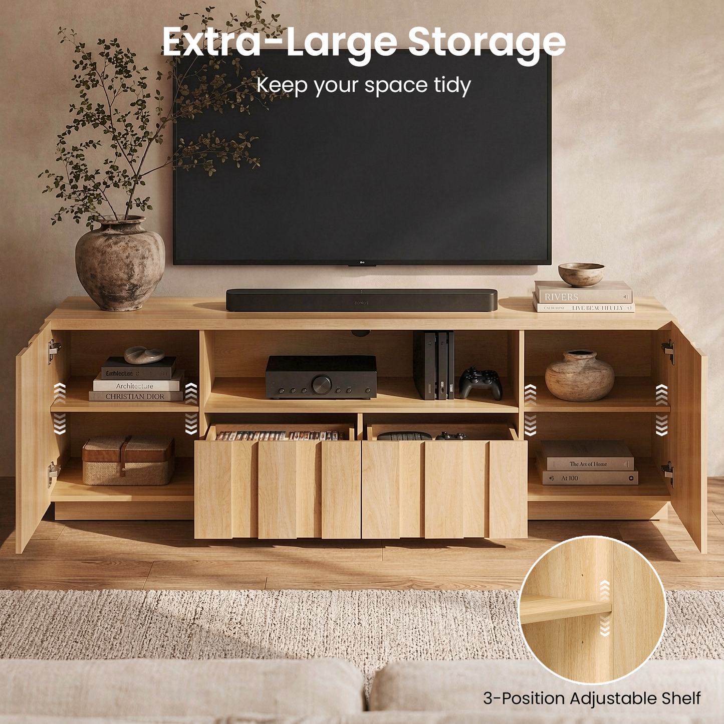 78.7-Inch Fluted TV Stand with Storage for 80-Inch TVs, Natural