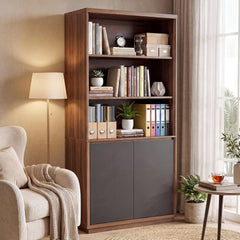 A tall bookcase with books, storage boxes, plants, and a clock stands beside a cream armchair and floor lamp in a bright living room.