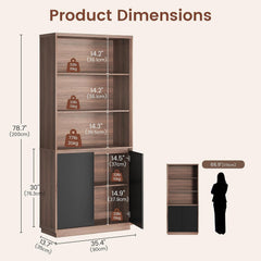 Product-dimensions diagram of a tall cabinet with open shelves above lower doors, showing overall dimensions and shelf clearances with weight symbols; a smaller view beside a human silhouette indicates its height.