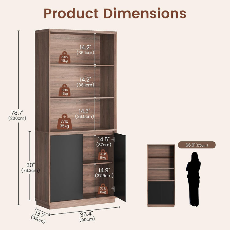 Product-dimensions diagram of a tall cabinet with open shelves above lower doors, showing overall dimensions and shelf clearances with weight symbols; a smaller view beside a human silhouette indicates its height.