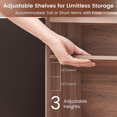 A hand adjusts a shelf inside a wooden cabinet; an overlay marks three height positions spaced 2.5 inches (6.4 cm) apart.