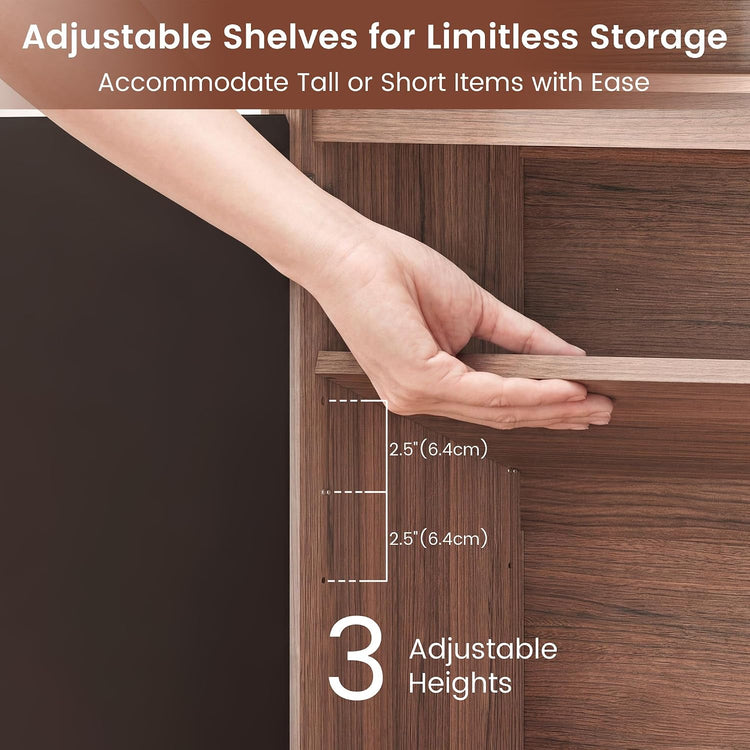 A hand adjusts a shelf inside a wooden cabinet; an overlay marks three height positions spaced 2.5 inches (6.4 cm) apart.