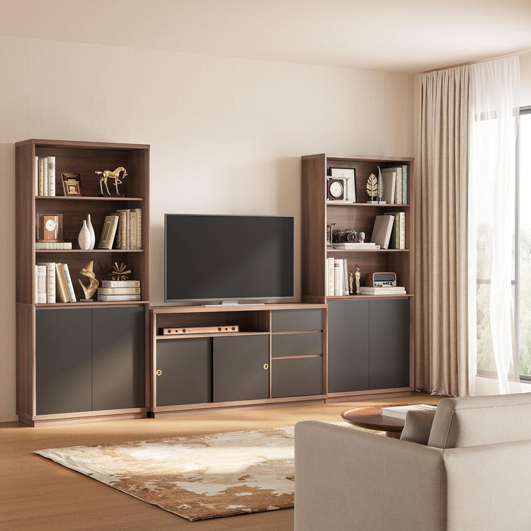 A television sits between two tall bookcases above a low media cabinet in a living room, with books and decorative objects on the shelves.