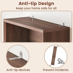 A wood-finish cabinet is secured to a wall with two metal anti-tip brackets; close-ups show a bracket and a cabinet tipping beside a crawling child icon.