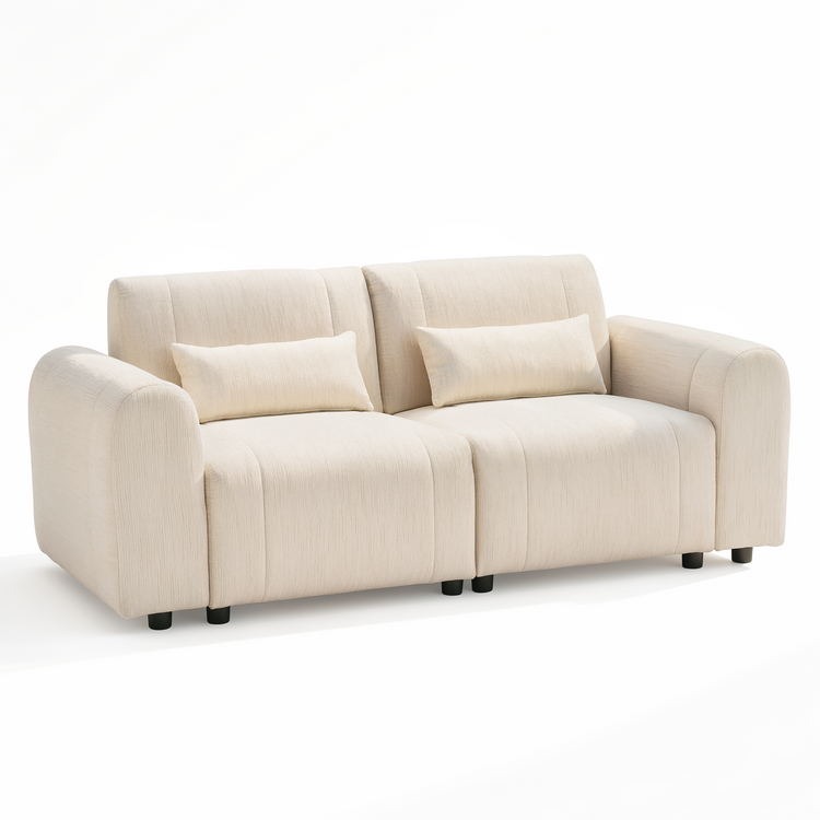 A cream-colored two-seat sofa with rounded arms, two cushions, and short black legs, shown against a white background.