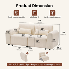 Product-dimensions diagram showing a two-seat sofa with dimension arrows and measurements, plus separate illustrations of two arm pieces and two seat sections.