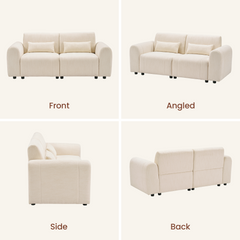 Four views of a light beige loveseat: front, angled, side, and back.