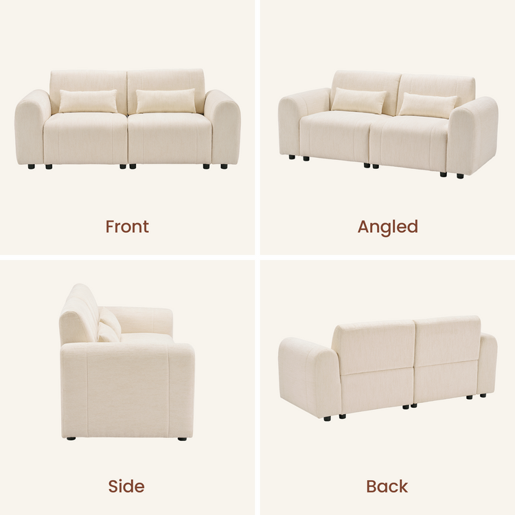 Four views of a light beige loveseat: front, angled, side, and back.