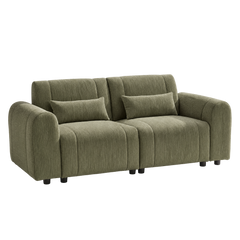Olive-green upholstered loveseat with two back cushions, two matching throw pillows, rounded arms, and short black legs, shown against a white background.