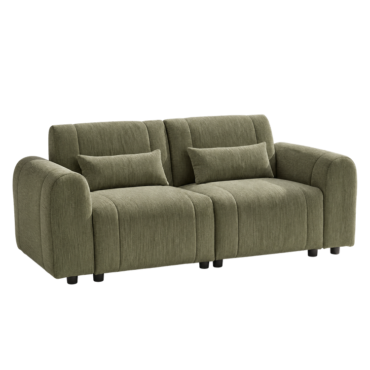 Olive-green upholstered loveseat with two back cushions, two matching throw pillows, rounded arms, and short black legs, shown against a white background.
