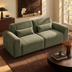An olive-green sofa with two matching cushions sits on a brown rug in a sunlit living room.