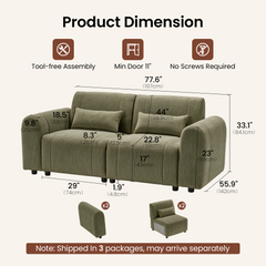 Dimension diagram of a green two-seat sofa with rounded arms and two rectangular cushions, with measurement lines and separate views of an arm and a seat module.