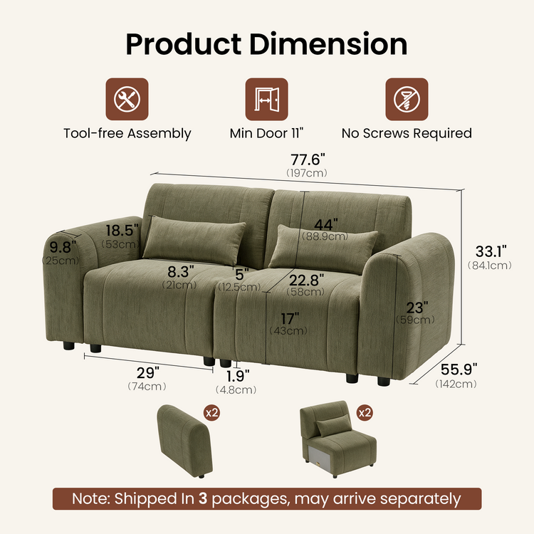 Dimension diagram of a green two-seat sofa with rounded arms and two rectangular cushions, with measurement lines and separate views of an arm and a seat module.