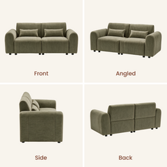 Four views of an olive-green two-seat sofa with two cushions: front, angled, side, and back.