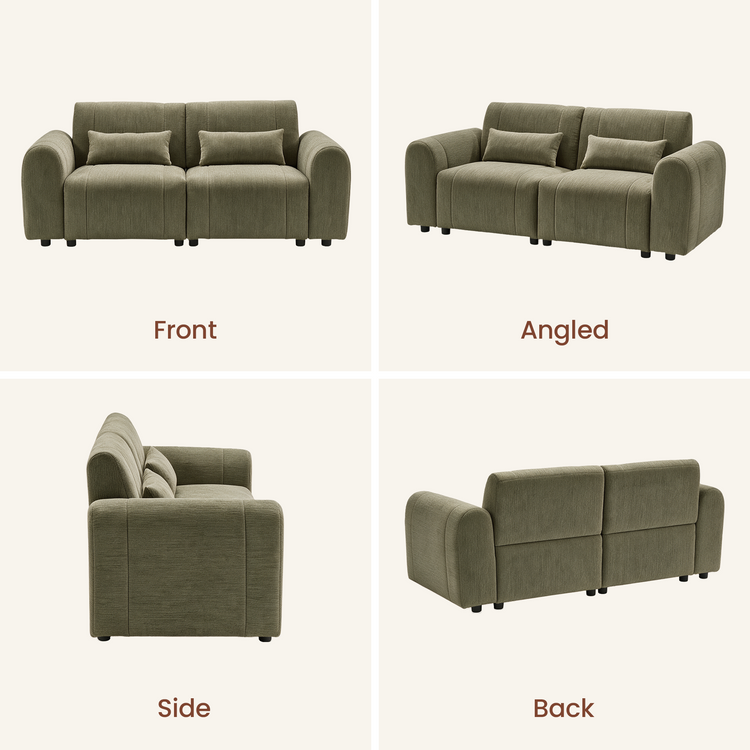 Four views of an olive-green two-seat sofa with two cushions: front, angled, side, and back.