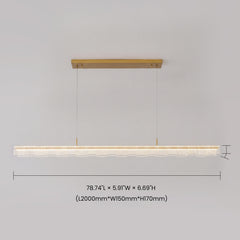 Dimension diagram of a long illuminated pendant light with overlapping textured rectangular panels, suspended by two thin cables from a gold-colored rectangular ceiling mount.