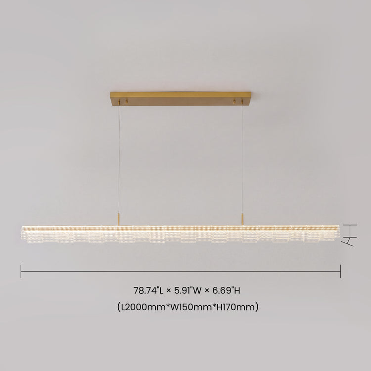 Dimension diagram of a long illuminated pendant light with overlapping textured rectangular panels, suspended by two thin cables from a gold-colored rectangular ceiling mount.