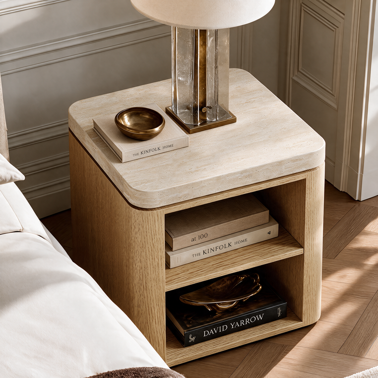 21.6 Inch Natural Travertine Bedside Table, Minimalist Oak Side Table with 2-Tier Open Storage