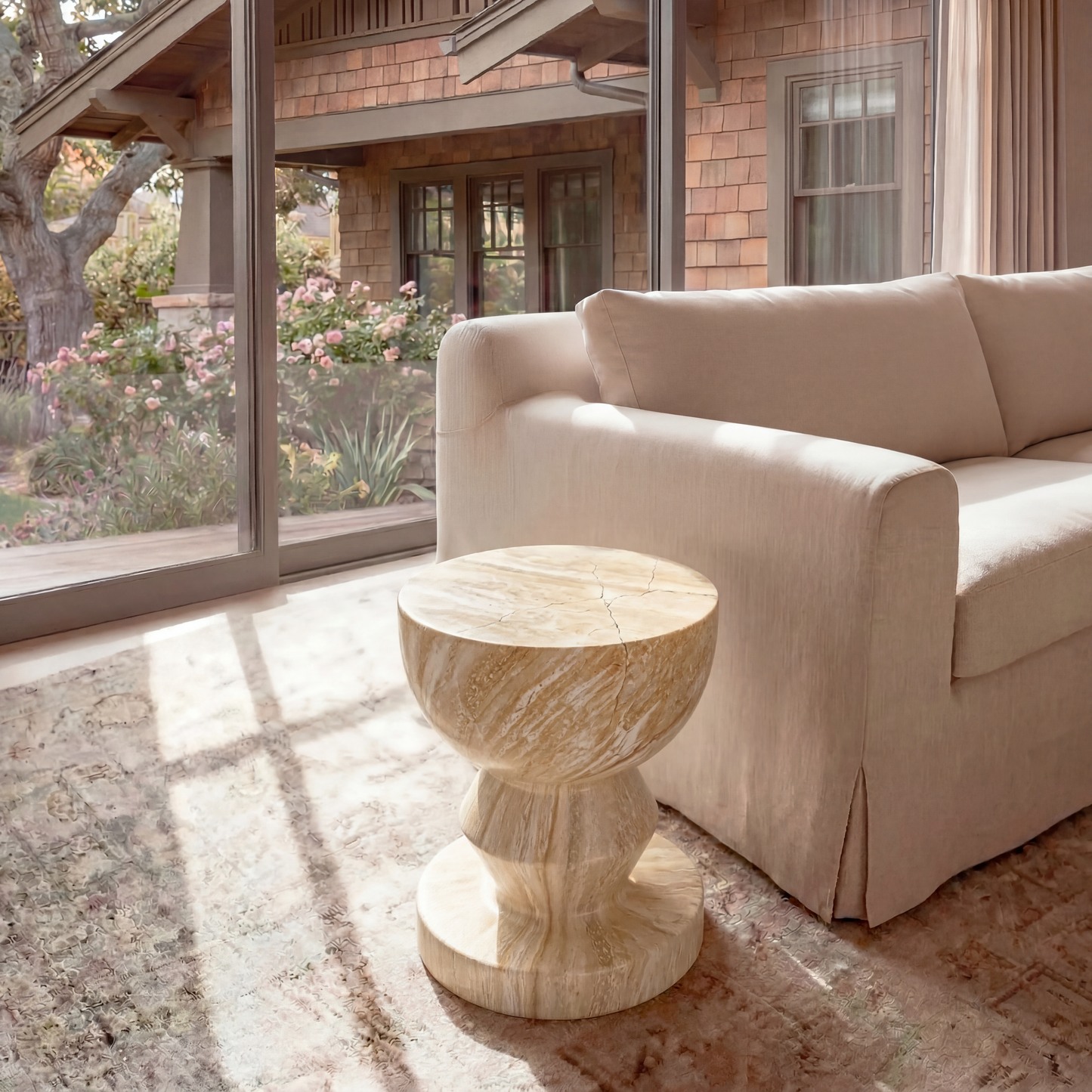 [Pre-Sale] Hourglass Pedestal Round Side Table - Beige Travertine-Look Finish