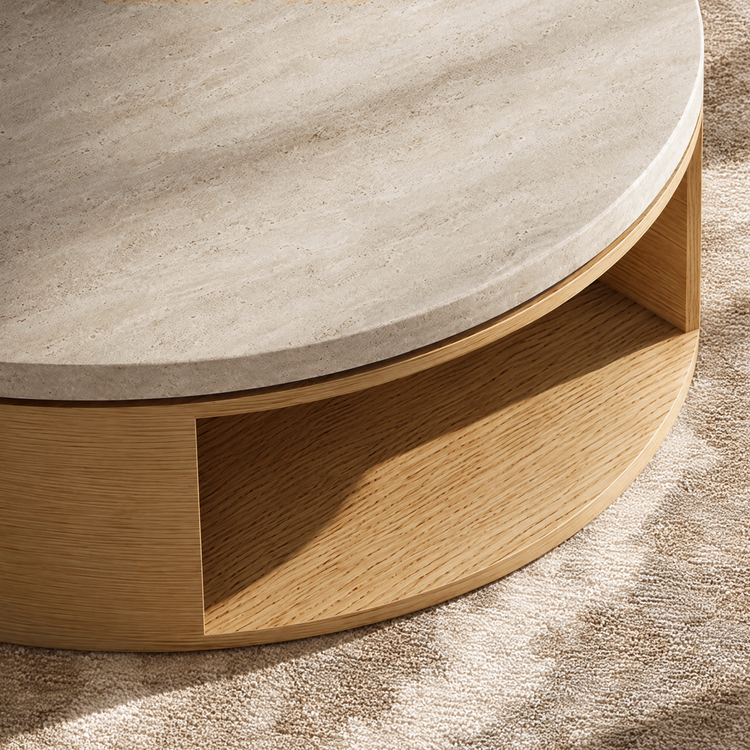 47 Inch Round Travertine Coffee Table, Natural Stone Circular Center Table