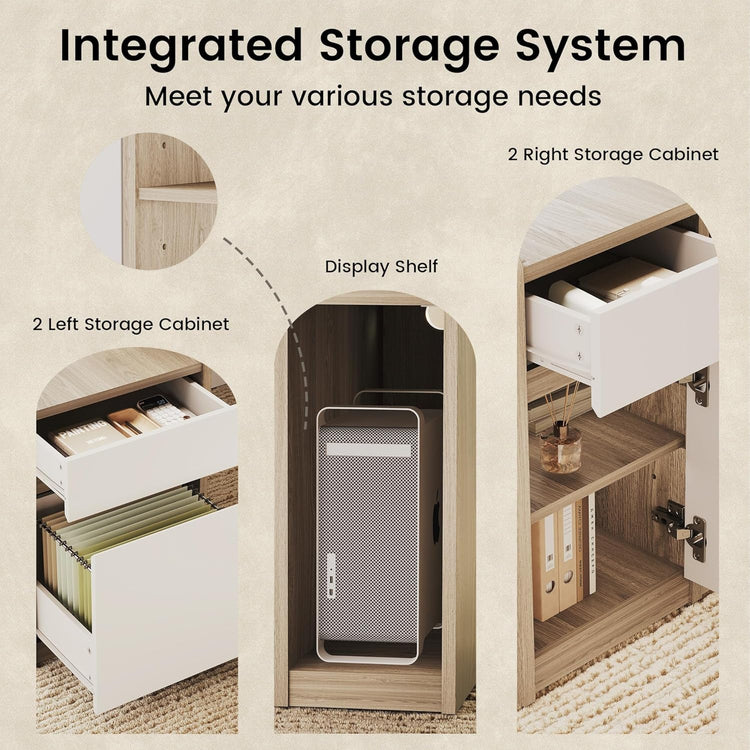 Three cutaway panels show left and right cabinet storage with drawers and files plus a central open compartment holding a