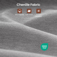 A close-up of gray chenille fabric includes three feature icons and a green OEKO-TEX mark