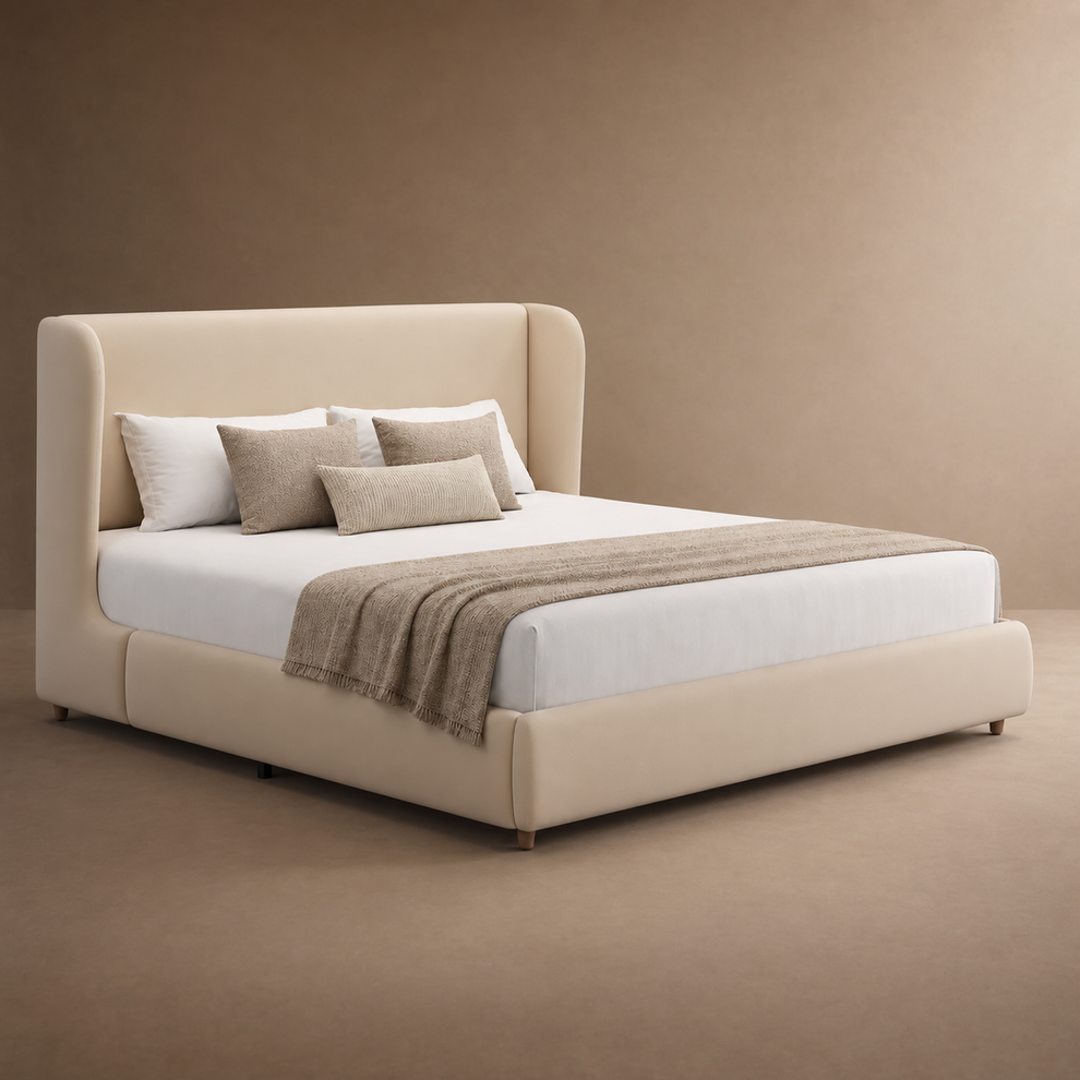 Veneeray Queen Suede Upholstered Wingback Bed Frame with Curved Valley Headboard