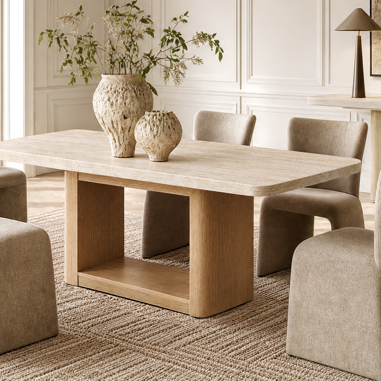 A rectangular dining table with a thick pale top and block-style wooden base stands among upholstered chairs, with two vases and branches on top.