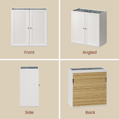 Four views show a compact white two-door cabinet with fluted fronts, a dark inset top, and a plain wood back