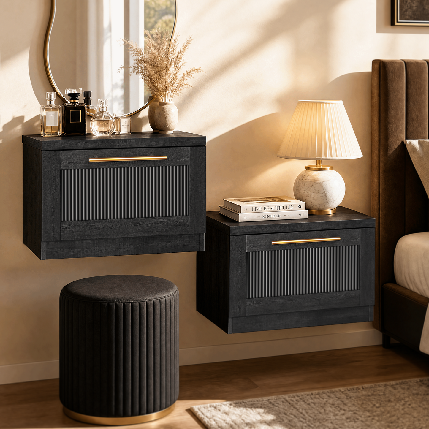 Harmo Block Black Floating Nightstand，set of 2