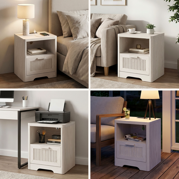 Four panels show a light cabinet with an open shelf, fluted lower door, and cable opening in varied rooms
