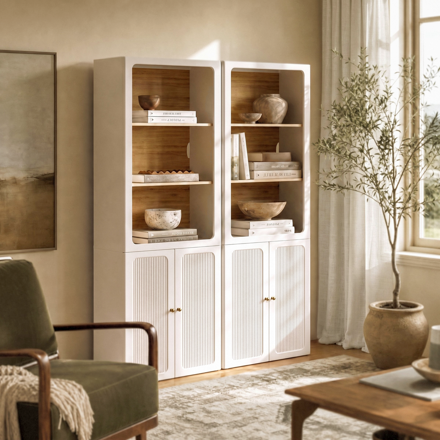 FlexMod 78.1" Modular Tall Bookcase with Scalloped Doors, Open Shelves & LED Lighting