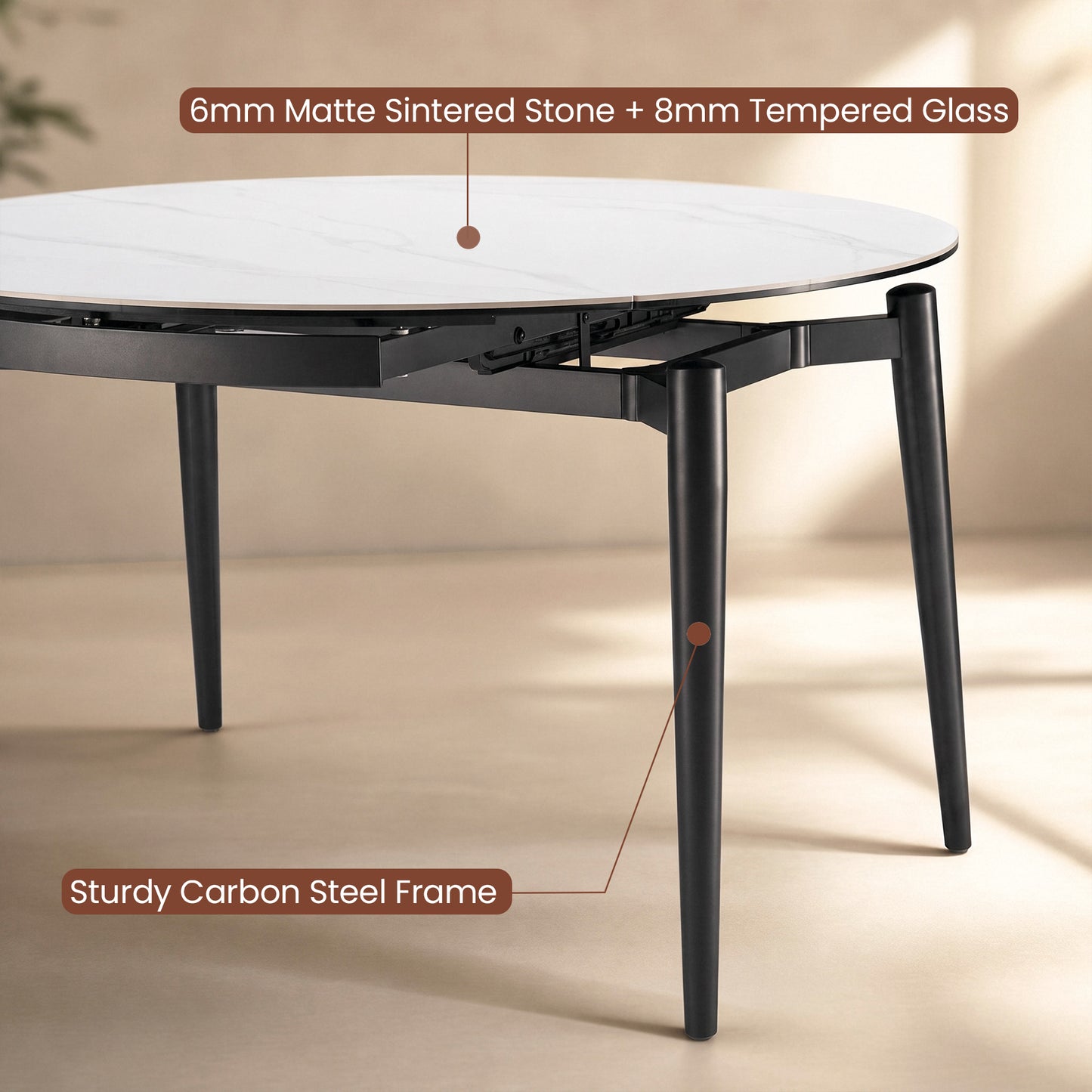 51.2" Round Sintered Stone Extendable Dining Table, Seats 4–6