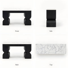 Front, side, back, and top views of a black console table with a white marble-patterned top.