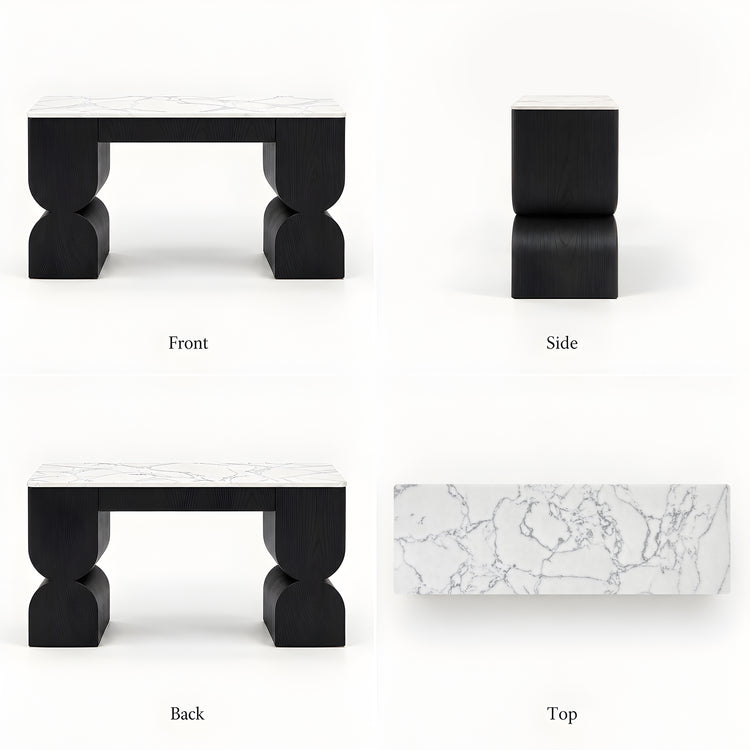 Front, side, back, and top views of a black console table with a white marble-patterned top.