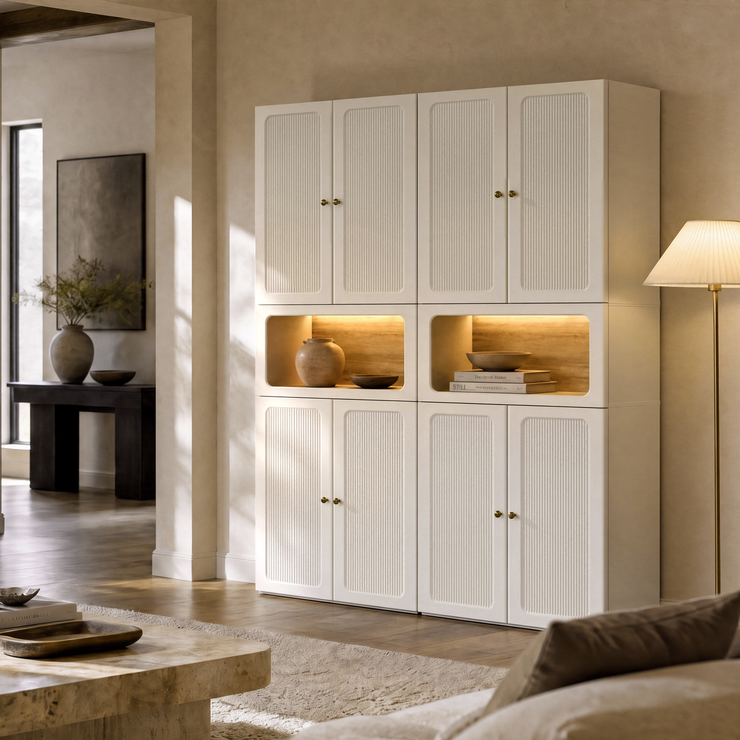 Flexmod 126" Modular Storage with Fluted Doors, Drawers & Niches