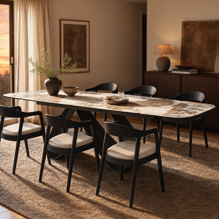 70.9"-102.4" Extendable Dining Table, Pandora Glossy Sintered Stone Modern Kitchen Table with Ribbon Loop Base