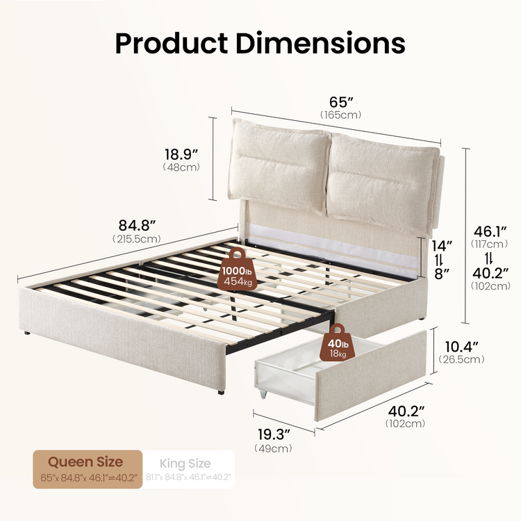 Tareya Queen Upholstered Bed Frame with 4 Storage Drawers, Beige