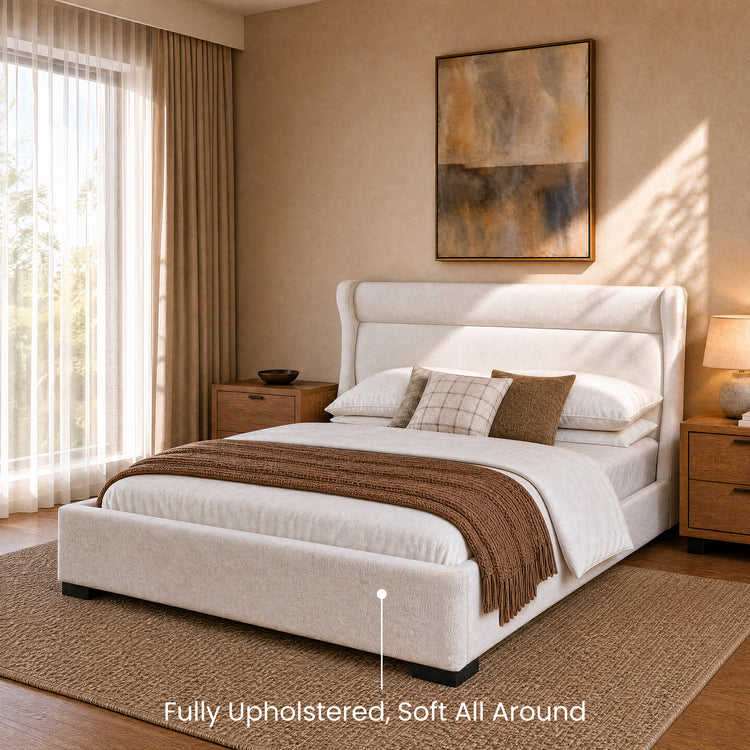 Queen Chenille Upholstered Bed with Wingback Headboard, Wood Slat Support