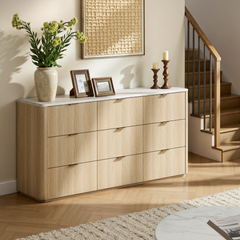 Wood-toned dresser shown in a furnished room