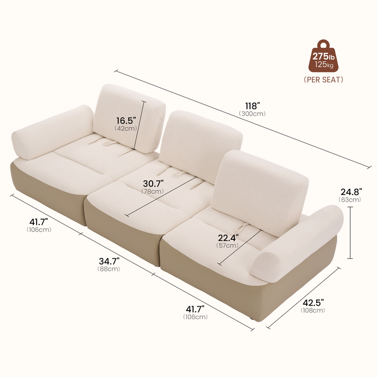 Dimension diagram of a cream and beige three-seat modular sofa with backrests and armrests.