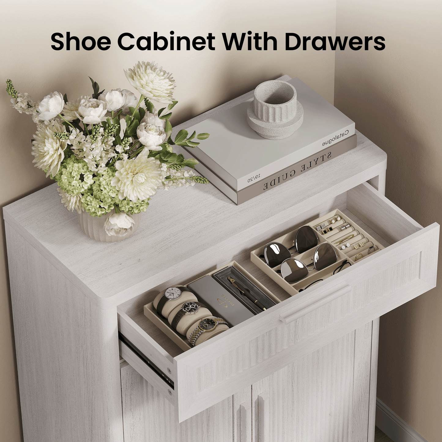 [Pre-Sale] Lira 47.2" Fluted Rippled Wooden Shoe Cabinet with Drawer