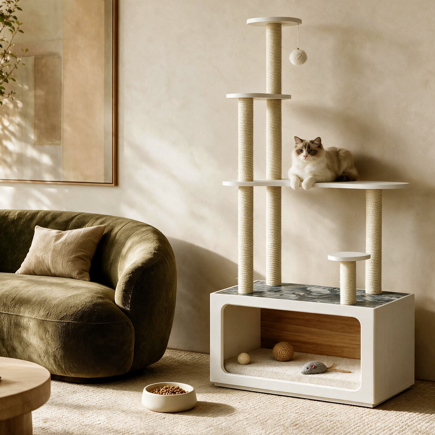 FlexMod 62.1" Modular Cat Tree with Cozy Cat House, Sisal Posts