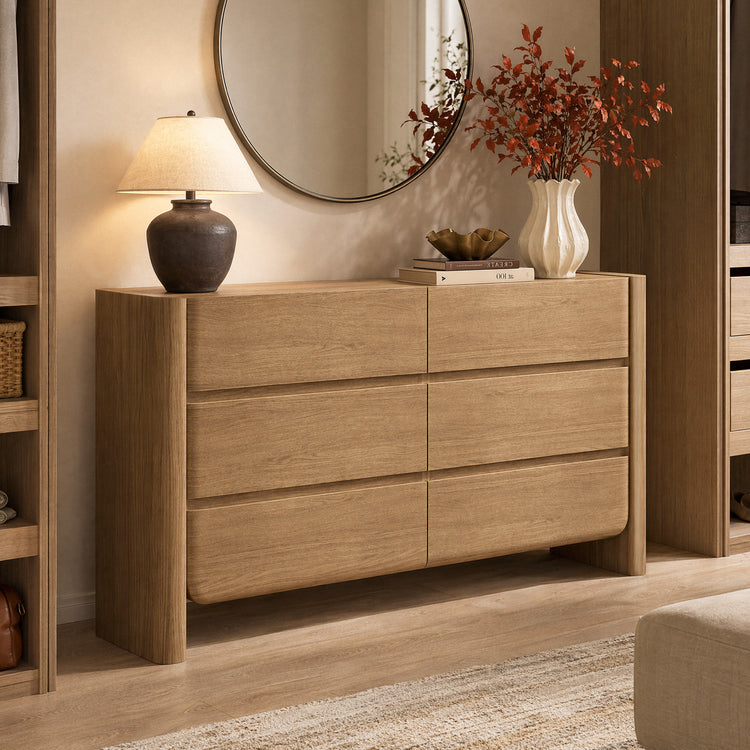 The dresser front has six drawers arranged in three rows of two