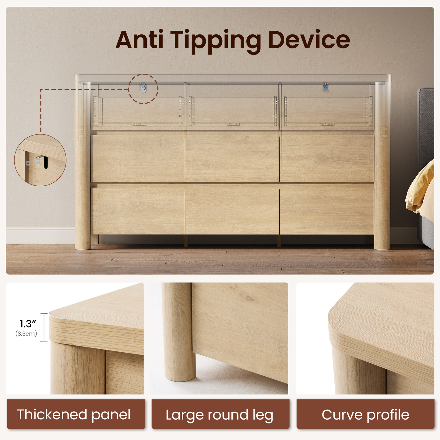 63" 9-Drawer Dresser with Thick Top and Round Legs