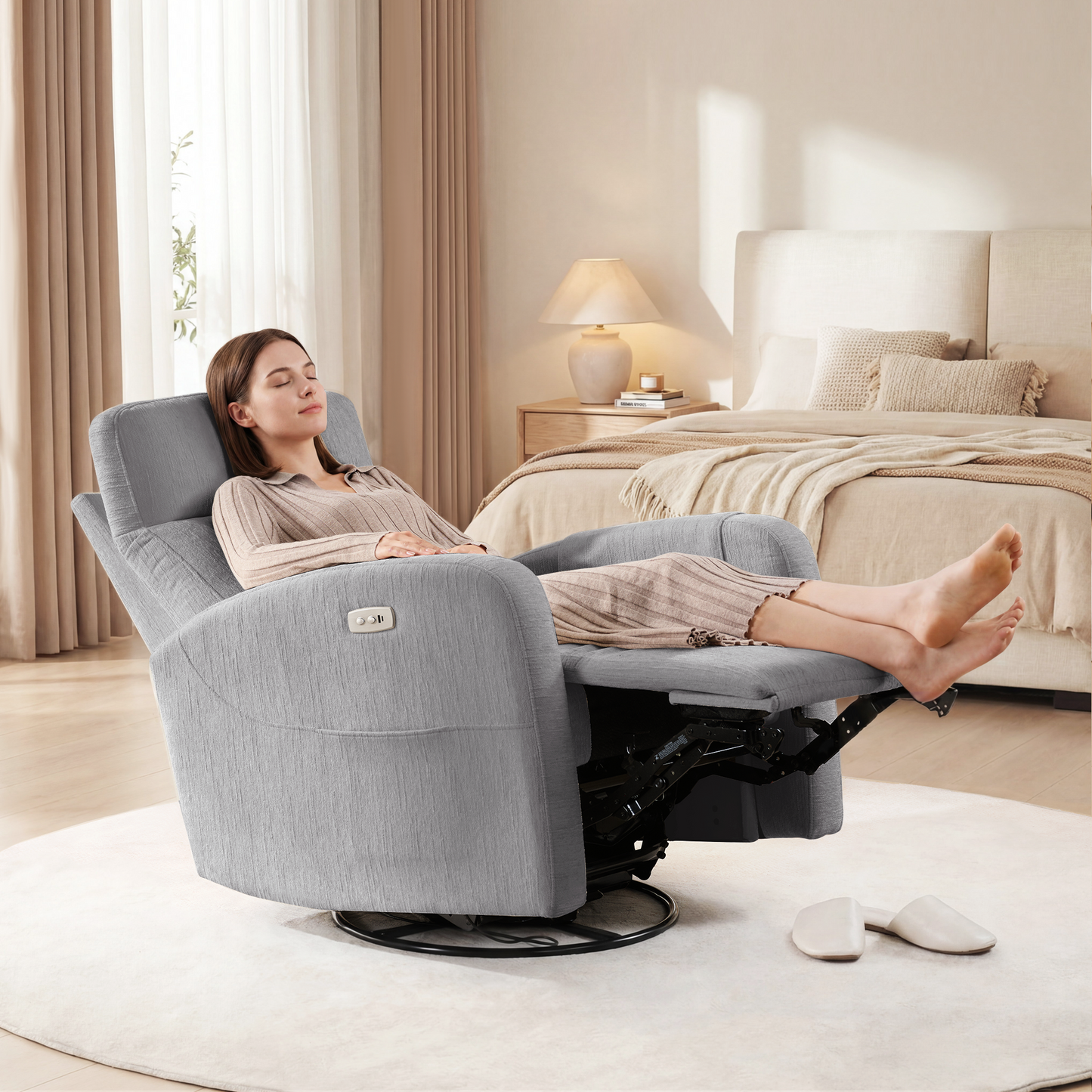 Nursery Power Swivel Glider Recliner with Adjustable Headrest & USB-C、Grey